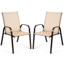 2 PCS Patio Chairs Outdoor Dining Chair Heavy Duty Steel Frame w/Armrest Beige - £114.27 GBP
