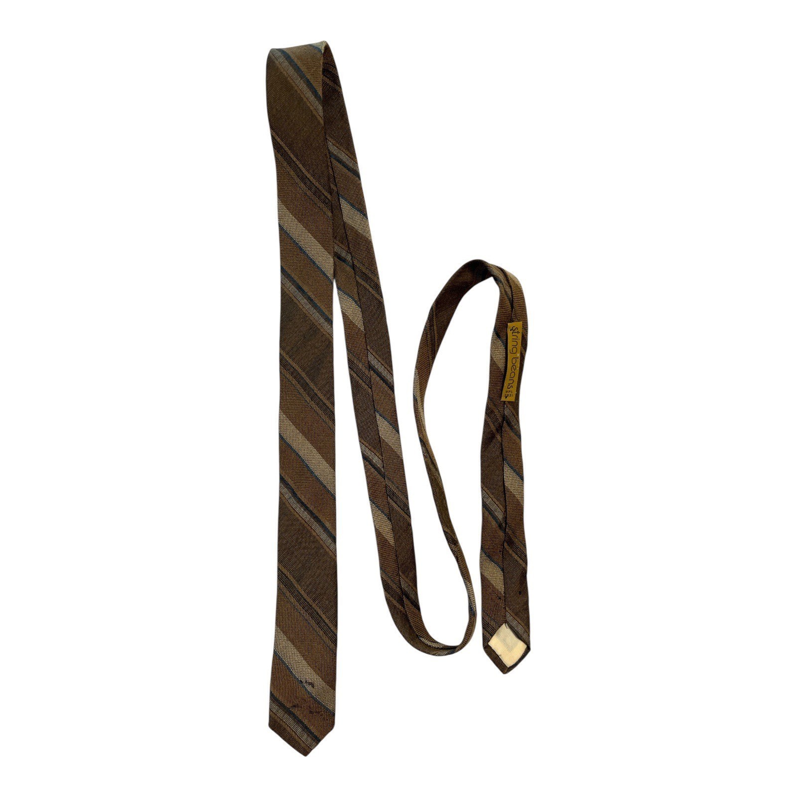 Vintage 1970s “String Beans” Narrow Wool-Blend Tie – Brown Striped – WPL... - $16.00