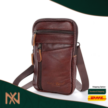Men&#39;s Cell Phone Waist Bag Multifunction Leather Sling bag - Dark Brown - £18.54 GBP