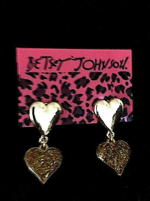 Betsey Johnson Gold Alloy Sparkle Double Heart Dangle Post Earrings - $8.99