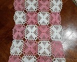Vintage, Handmade Crocheted Doily Dresser Scarf, Pink White Checked ~9X16&quot; - $7.76