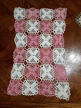 Vintage, Handmade Crocheted Doily Dresser Scarf, Pink White Checked ~9X16&quot; - £6.06 GBP
