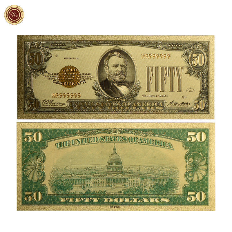 WR 1928 "Gold Certificate" $50 Gold Foil Pleated US Banknote Colored Gold Bill - $3.00