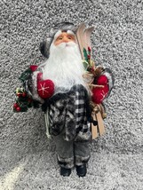 Santa Claus Black &amp; White Plaid Coat Fur Ski &amp; Christmas Tree Collectible 16.5&quot; - £18.16 GBP