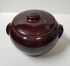 Bean Pot Vintage Made in USA Boston Baked Bean Brown Crock Double Handle Lid - £16.51 GBP