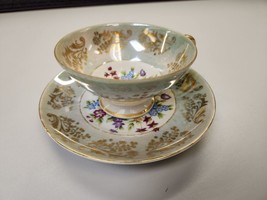 Trimont Gold and Green and Floral Tea Cup and Saucer Vintage Japan China - £53.26 GBP