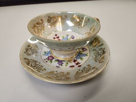 Trimont Gold and Green and Floral Tea Cup and Saucer Vintage Japan China - £50.72 GBP