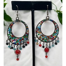 Colorful Beaded Hoop Earrings with Dangle Accents Silver Tone Seed Bead Rainbow - £12.03 GBP