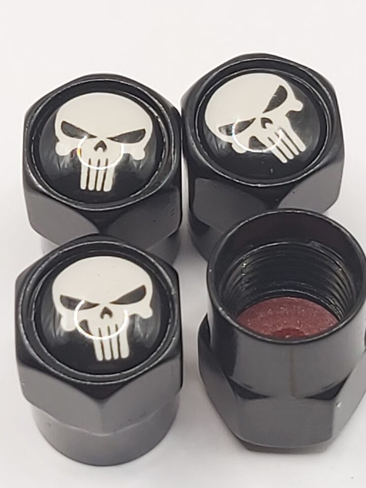 Set of 4 Black Punisher Tire Valve Stem Caps For Car, Standard Fitting #118 - $6.58