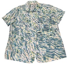 Chico’s 3 Teal Green Linen Nylon Tropical Palms Short Sleeve Button Up B... - £12.40 GBP