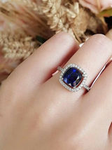 1.25ct Blue Sapphire Cushion Brilliant Cut Halo Women&#39;s Ring 14k White Gold Over - £74.93 GBP