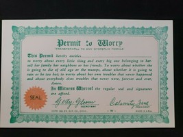 Vintage 1941 Gag Gift Card &quot;Permit to Worry&quot; Exhibit Supply Co Chicago NOS - £6.25 GBP