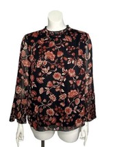 Chico’s 3 Top XL Black &amp; Burgundy Red Jacobean Floral High Ruffle Neck B... - £18.81 GBP