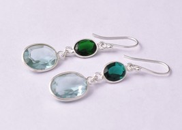 925 Sterling Silver Aquamarine Green Tourmaline Handmade Drop Dangle Earrings - £43.29 GBP