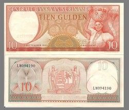 Suriname P121b, 10 Gulden, woman with basket of fruit on head 1963 UNC - £1.69 GBP