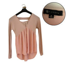 15 FIFTEEN Women&#39;s M Pink V-Neck Long Sleeve Blouse Lace Back Peplum Top - $19.79