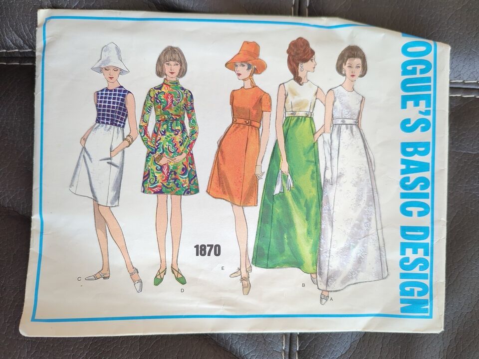 Vintage 1960s Vogue Basic Design Dress Pattern 1870 Partial Cut Size 10 - $14.24