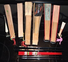Japan/Spain Folding Fan Lot &amp; Chopsticks Bamboo &amp; Other See Photos 11pc set - £40.08 GBP
