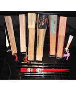 Japan/Spain Folding Fan Lot &amp; Chopsticks Bamboo &amp; Other See Photos 11pc set - $49.99