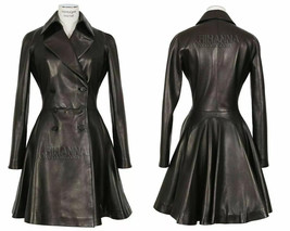 Stylish Coat Jacket Black Women Genuine Leather Lambskin Long Overcoat Trench - $175.31+