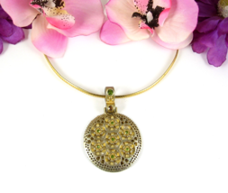 Light Olive Green Rhinestone Medallion Vintage Necklace Pendant Choker Goldtone - £15.02 GBP
