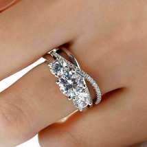 14K White Gold 3.20Ct Round Cut Three Simulated Diamond Bridal Ring Set Size 6.5 - £244.98 GBP