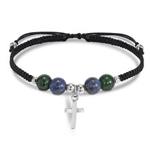 Fascinating Blue and Green Stone with Cross Silver on Black Adjustable Bracelet - £11.64 GBP