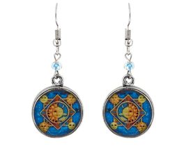 Round New Age Spiritual Sun and Moon Graphic Metal Dangle Earrings - Womens Fash - £11.81 GBP