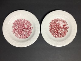 2 Homer Laughlin Harvest USA White &amp; Burgundy/Red Fruit Design Plates Saucers G3 - £3.50 GBP