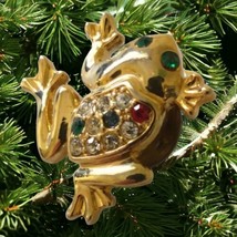 Rhinestone Frog Tie Tack Lapel Pin Brooch Toad Gold Tone Mini Shiny Esta... - $12.86