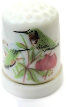 Green Humming Bird Flowers Vintage Porcelain White Thimble Gold Trimmed Band - £9.51 GBP