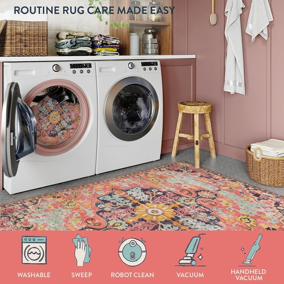Vibrant 2x5 Fuchsia Kitchen and Laundry Runner Rug - Machine Washable Boho Style Item image 6
