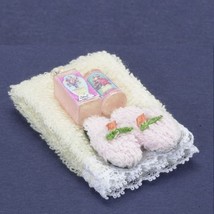 DOLLHOUSE Towel Set w Lotion &amp; Slippers Cream a2389 Falcon Miniature - £8.29 GBP