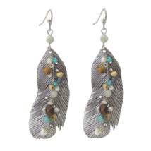 Silver Feather Multi Bead Dangle Drop Earrings - £10.96 GBP