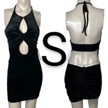 Black Velvet Halter Cut Out Diamond Rhinestones Thong Strap Mini Dress~S... - £26.72 GBP