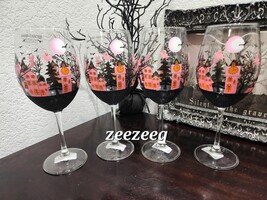 HALLOWEEN Pink Haunted House Graveyard Wine Glasses Black 4pc - £55.52 GBP