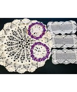 Vintage Hand Crocheted Cotton Set Of 6 Ivory &amp; Purple Round &amp; Rectangle ... - $20.46 CAD