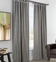 Window curtain panels 63&quot;L x 80&quot;W tab top black ivory checkered insulated pair - £64.89 GBP