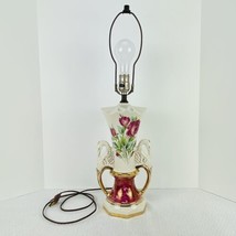 Worrall Vintage Lamp Ceramic Swans Gold Accents Roses Ruby Pink Floral Tested - £34.25 GBP