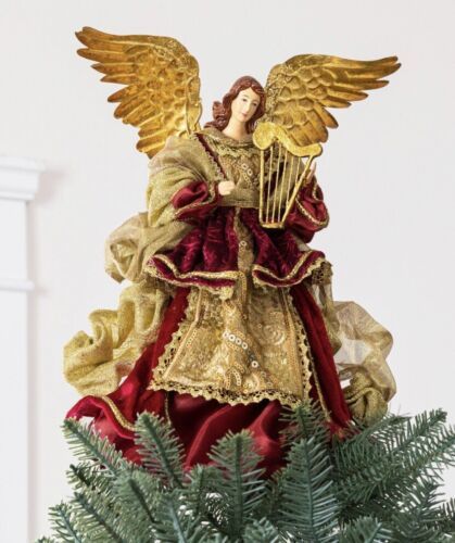 Primary image for BURGUNDY WHITE ANGEL CHRISTMAS TREE TOPPER DECOR HANDCRAFTED (10”x6”x6”)