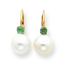 14K Gold Pearl &amp; Emerald Earrings Ear Jewelry 17mm x 7.5mm - £130.65 GBP