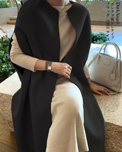  winter coat wool blends o neck sleeveless cardigan cloak shawl black jacket women long thumb200