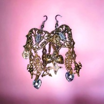Old exquisite vintage heart rhinestone dangle filigree chandelier earrings - £47.59 GBP
