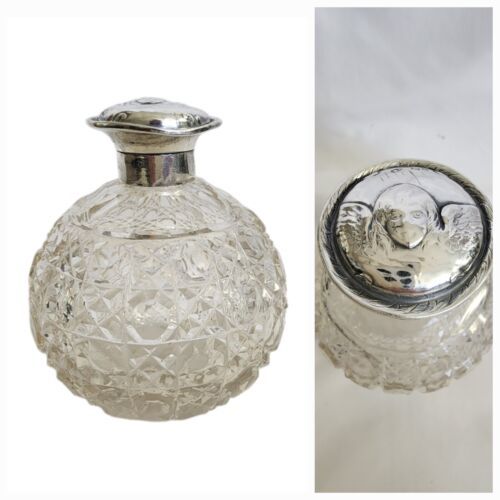 ANTIQUE CUT GLASS DRESSER Parfumeb JAR, ENGLISH STERLING Angel Face SILV... - $148.50