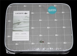 4Pc LACOSTE White Grey Alligator Slice Appliqued Queen Percale Sheet Set... - $68.99