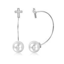 Sterling Silver 925 Rhodium Plated Cross Earrings with Hanging Synthetic... - £25.94 GBP