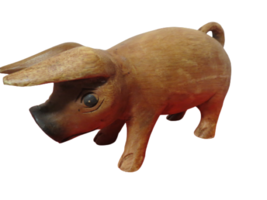 Vintage Folk Art Hand Carved Wooden Pig Heavy Figurine Wood Sculpture 13&quot;L - £30.86 GBP