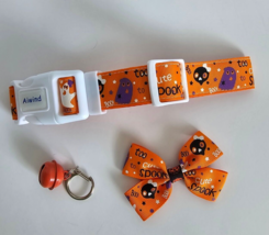 Halloween Theme Dog Collar with Bow and Bell Orange Wide 10&quot;-16&quot; Neck Breakaway - $4.94