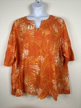 Avenue Women Plus Size 30/32 (4X) Orange Tropical Leaves V-neck Top Elbow Sleeve - £13.80 GBP