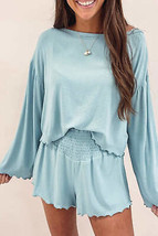 Sky Blue Long Sleeve Top &amp; Shirred High Waist Shorts Set - $25.99